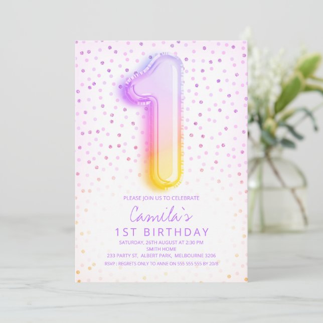 Rainbow Balloon Letter Number One 1st Birthday Invitation (Standing Front)