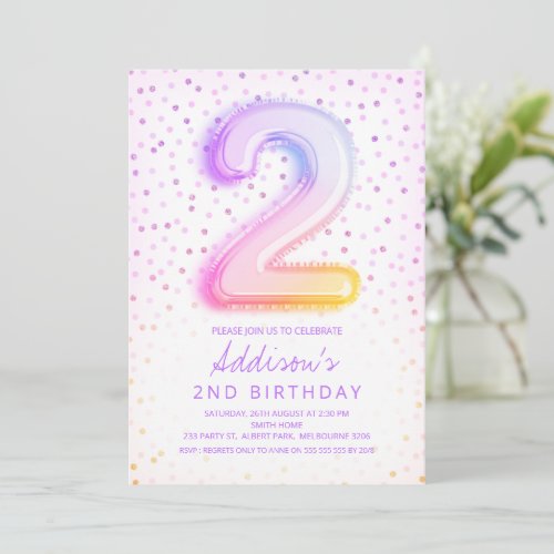 Rainbow Balloon Letter Number Two Birthday Invitation