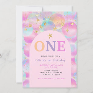 Rainbow Balloon Pink Arch 1st Birthday Party Invitation