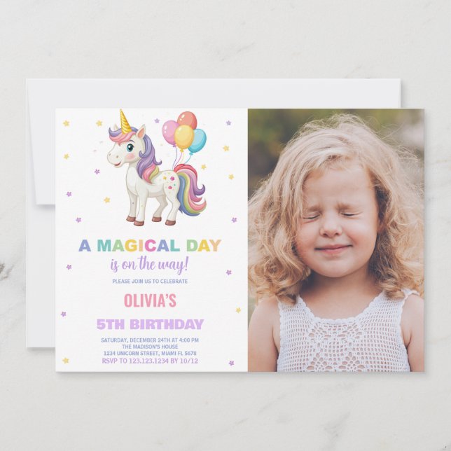 Rainbow Balloon Unicorn Birthday Invitations photo (Front)