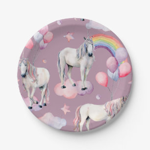 Rainbow Balloon Unicorn Purple Birthday Party Girl Paper Plates