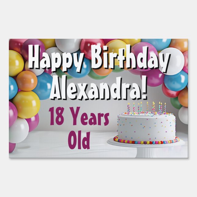 Rainbow Balloons and Cake Custom Birthday Party Sign (Front)