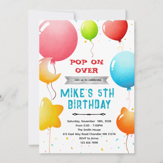 Rainbow Balloons Birthday Invitation (Front)
