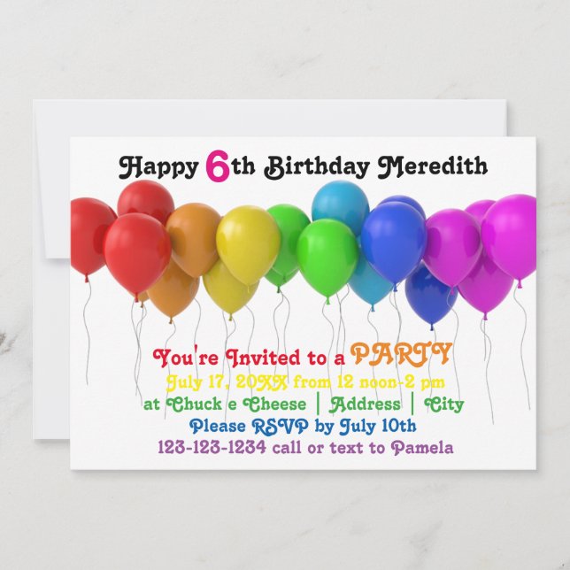 Rainbow Balloons Birthday Invitation (Front)