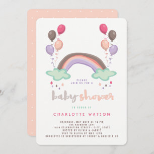Rainbow & Balloons Cute Whimsical Girl Baby Shower Invitation
