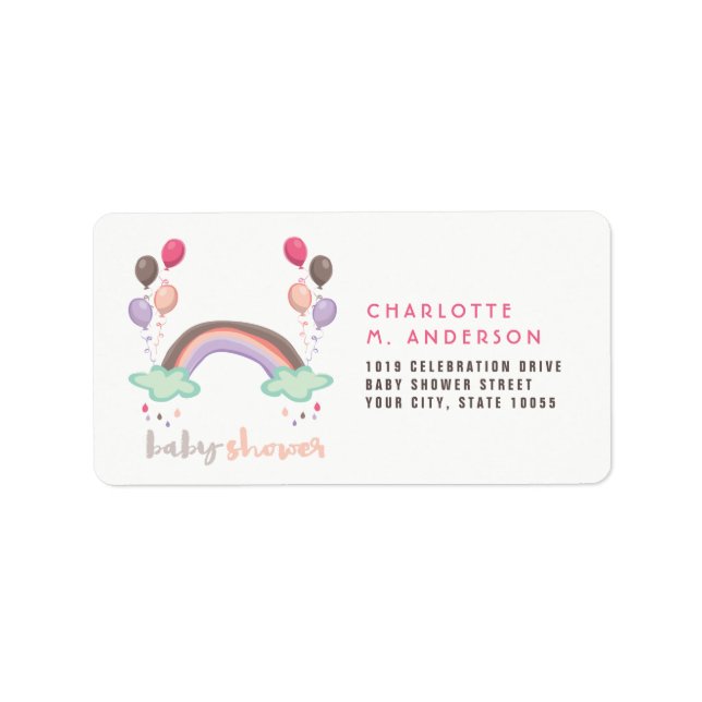 Rainbow & Balloons Girl Baby Shower Return Address Label (Front)