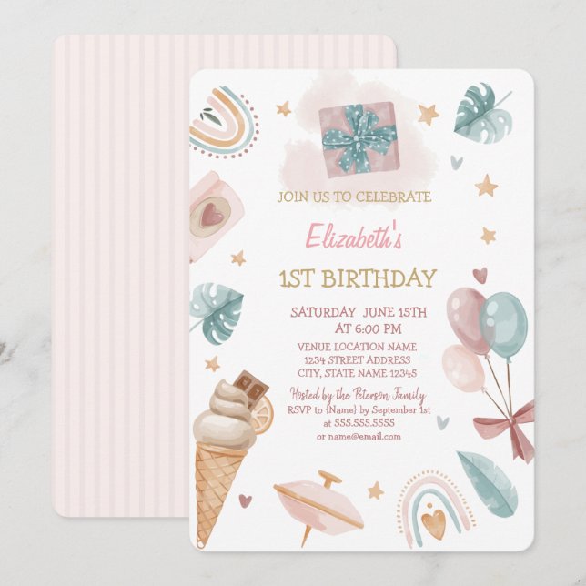 Rainbow,Balloons,Ice cream Striped Birthday   Invitation (Front/Back)