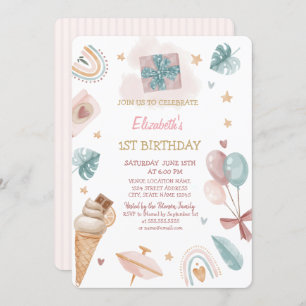 Rainbow,Balloons,Ice cream Striped Birthday Invitation