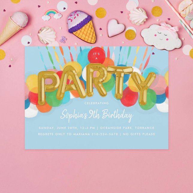 Rainbow Balloons Kids Birthday Party Sky Blue Invitation (Creator Uploaded)