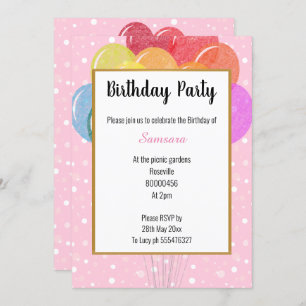 Rainbow Balloons Pink Bubble Birthday Invitation
