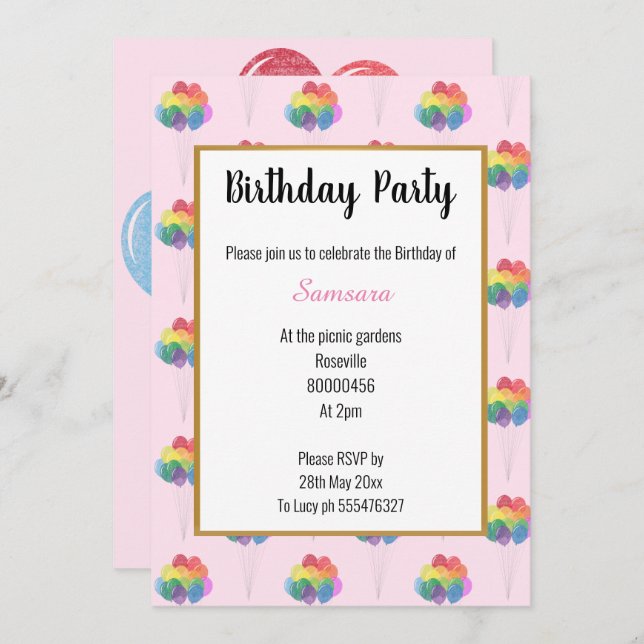 Rainbow Balloons PINK MULTIPLE  Birthday Invitation (Front/Back)