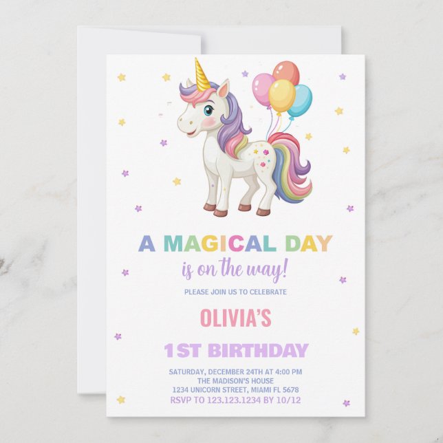 Rainbow Balloons Unicorn Birthday Invitations (Front)