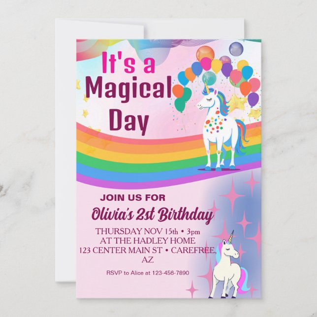 Rainbow Balloons Unicorn Pink Birthday Party Girl  Invitation (Front)