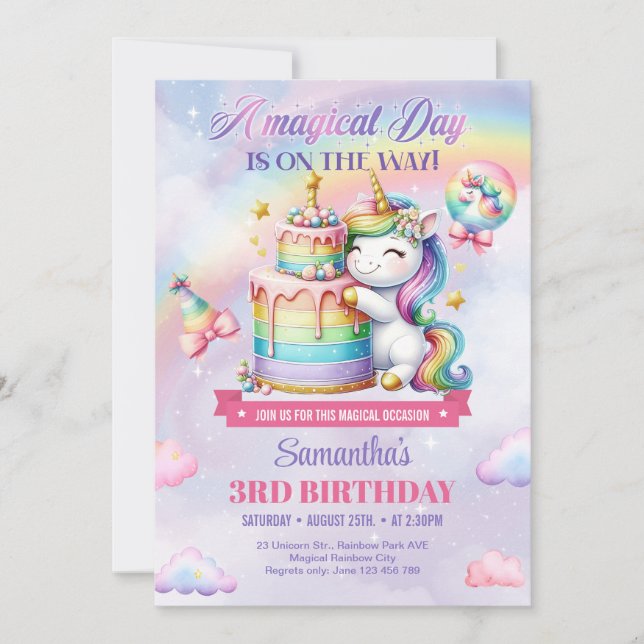 Rainbow Balloons Unicorn Pink girls third Birthday Invitation (Front)