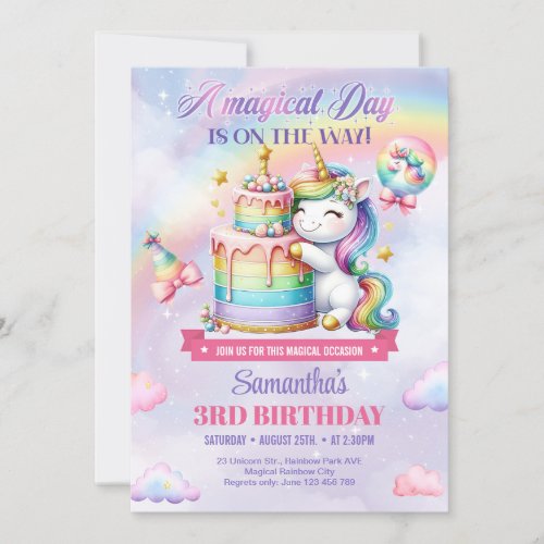 Rainbow Balloons Unicorn Pink girls third Birthday Invitation
