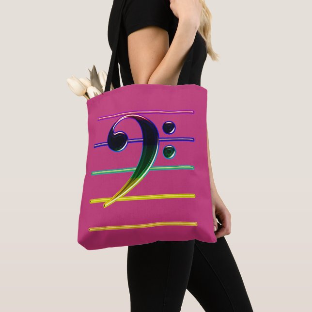 Rainbow Bass Clef on Pink Tote Bag (Close Up)