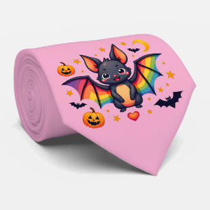 🦇🌈 Rainbow Bat Pumpkin Party Necktie
