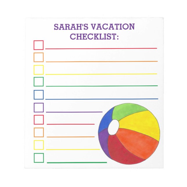 Rainbow Beach Ball Beachball Vacation Checklist Notepad (Front)