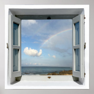 Rainbow & Beach Sea View Window Poster