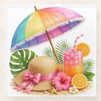 RAINBOW BEACH UMBRELLA HAT DRINK FRUIT FLOWERS GLASS COASTER