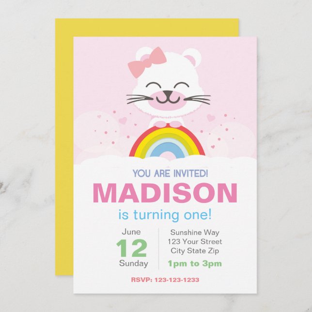 Rainbow Bear Birthday Invitation (Front/Back)