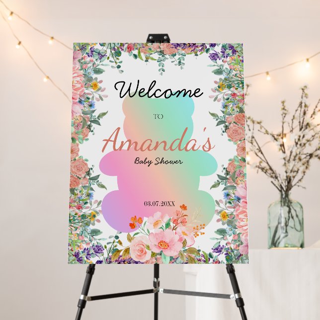 Rainbow Bear floral gradient Welcome baby shower  Foam Board (In Situ (Stand))