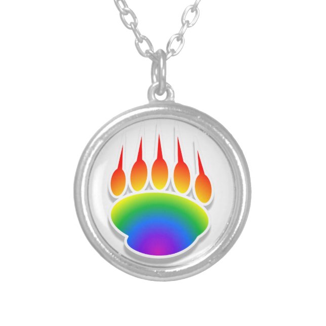 Rainbow Bear Paw Print Silver Plated Necklace (Front)