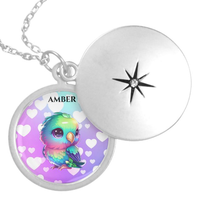 Rainbow bird & hearts locket necklace (Front)