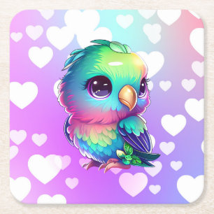 Rainbow bird & hearts square paper coaster