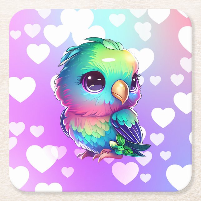 Rainbow bird & hearts   square paper coaster (Front)