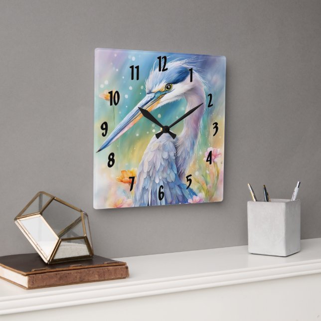 Rainbow Birds Blue Heron 2 Square Wall Clock (Office)