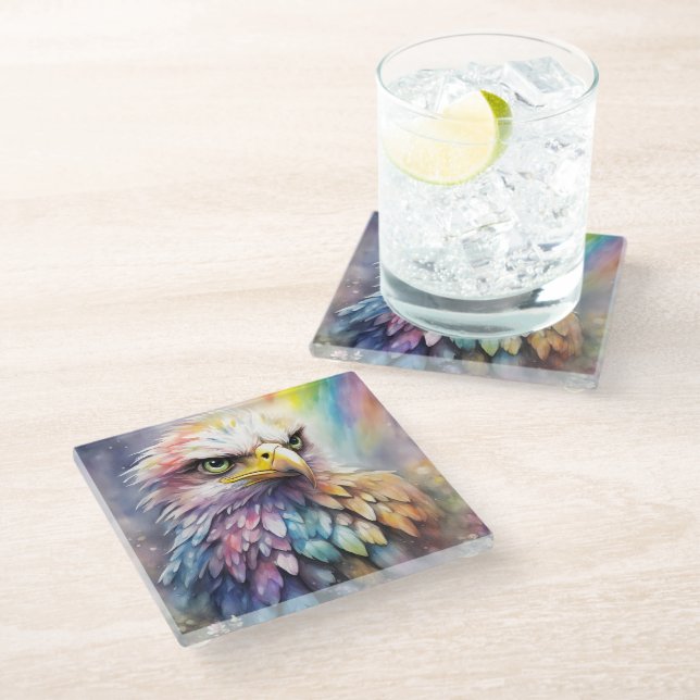 Rainbow Birds Eagle 2 Glass Coaster (Angled)