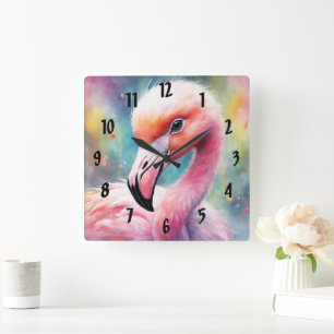Rainbow Birds Flamingo 2 Square Wall Clock