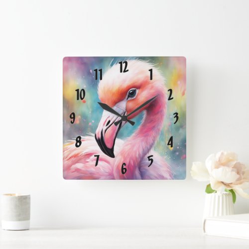 Rainbow Birds Flamingo 2 Square Wall Clock