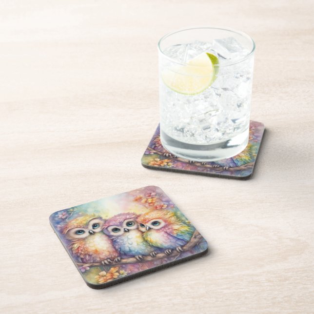 Rainbow Birds Owls 1 Beverage Coaster (Right Side)