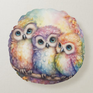 Rainbow Birds Owls 1 Round Pillow