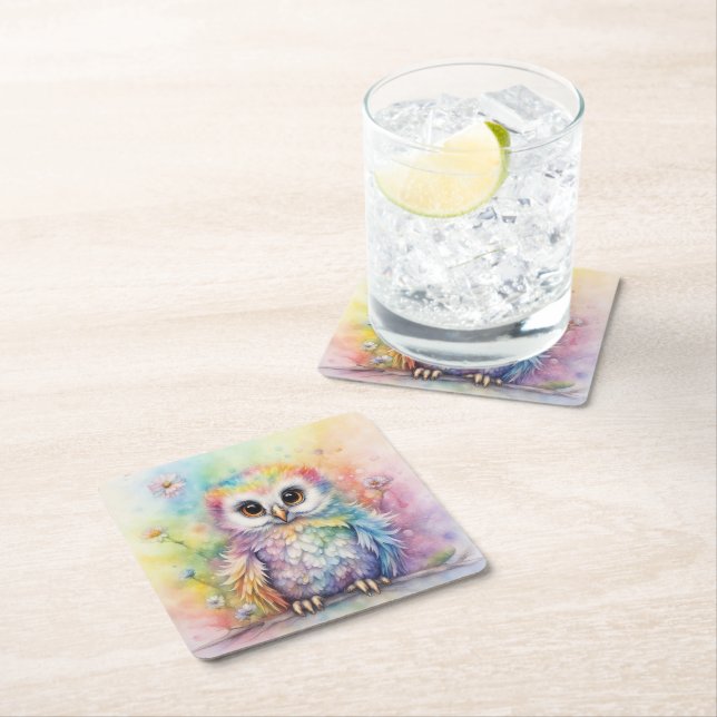 Rainbow Birds Owls 2 Square Paper Coaster (Insitu)