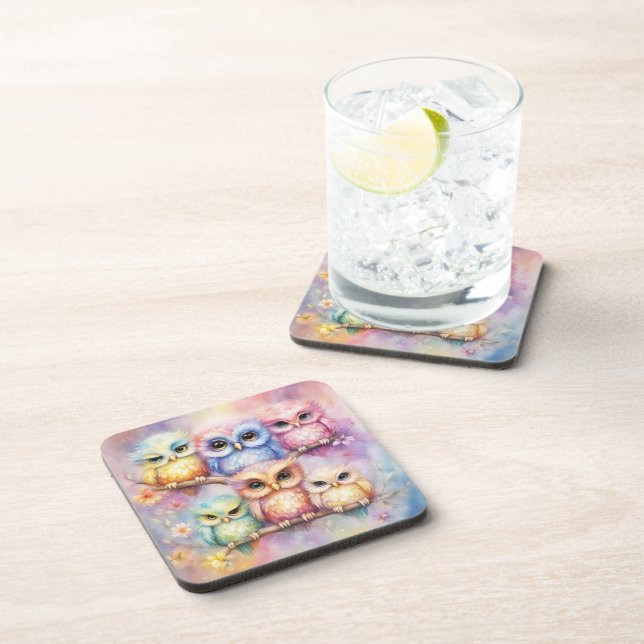 Rainbow Birds Owls 3 Beverage Coaster (Right Side)