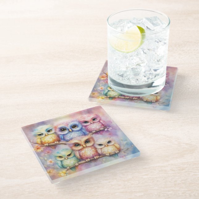 Rainbow Birds Owls 3 Glass Coaster (Angled)