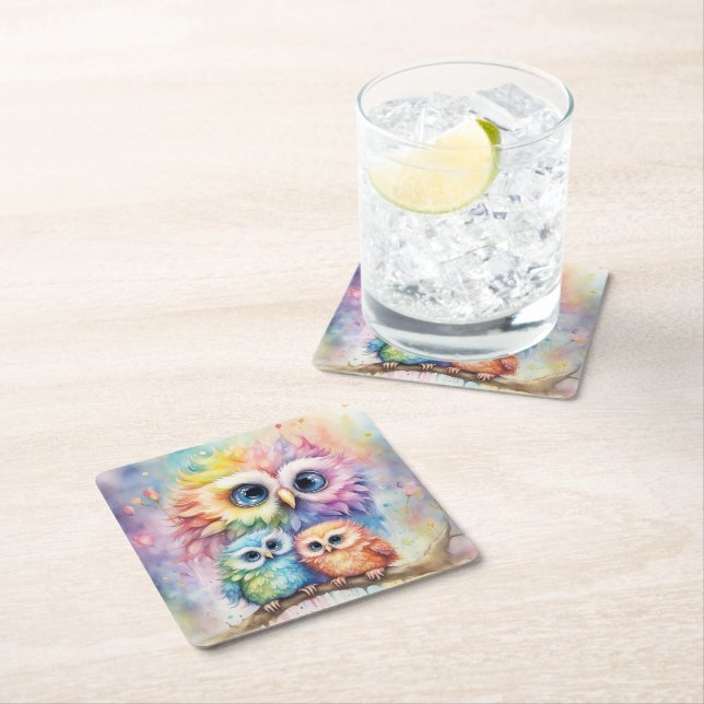 Rainbow Birds Owls 4 Square Paper Coaster (Insitu)