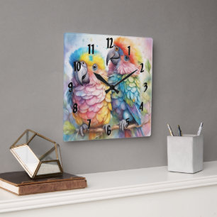 Rainbow Birds Parrots 1 Square Wall Clock