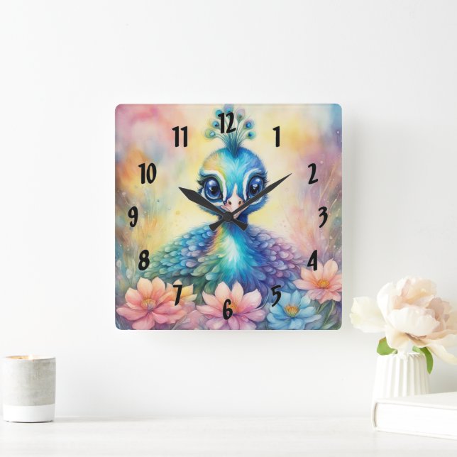 Rainbow Birds Peacock 1 Square Wall Clock (Home)