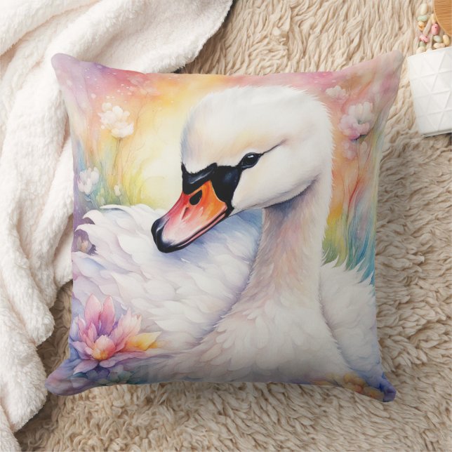 Rainbow Birds Swan 3 Throw Pillow (Blanket)