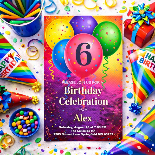 Rainbow Birthday Balloon Confetti Party Invitation (Creator Uploaded)