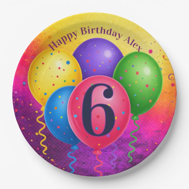 Rainbow Birthday Balloon Confetti Party Paper Plates (Front)