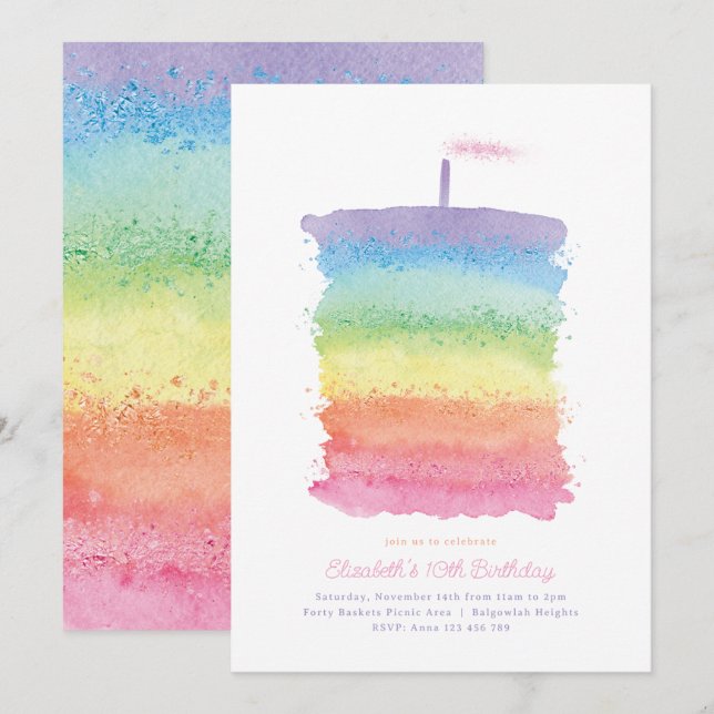 Rainbow Birthday Cake Invite, Rainbow 1st Party Invitation (Front/Back)