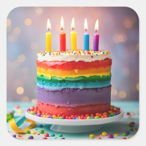 Rainbow Birthday Cake Square Sticker