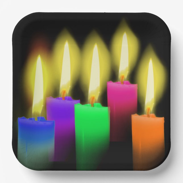 Rainbow Birthday Candles On Black Paper Plates (Front)