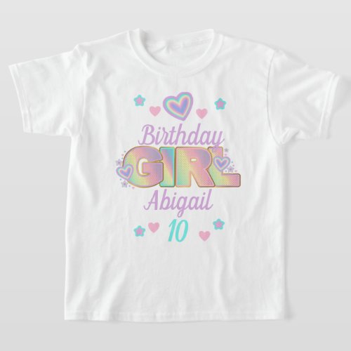 Rainbow Birthday Girl custom age Iridescent  T_Shirt