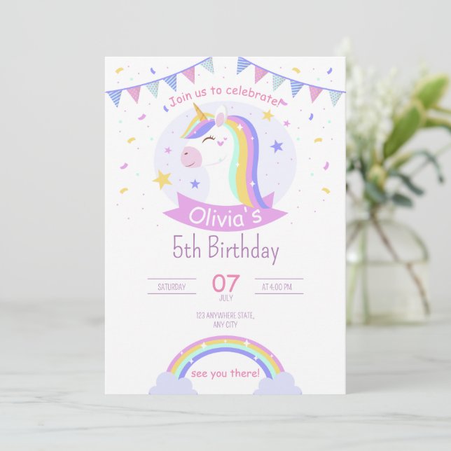 Rainbow Birthday Invitation for Girls Boho Rainbow (Standing Front)